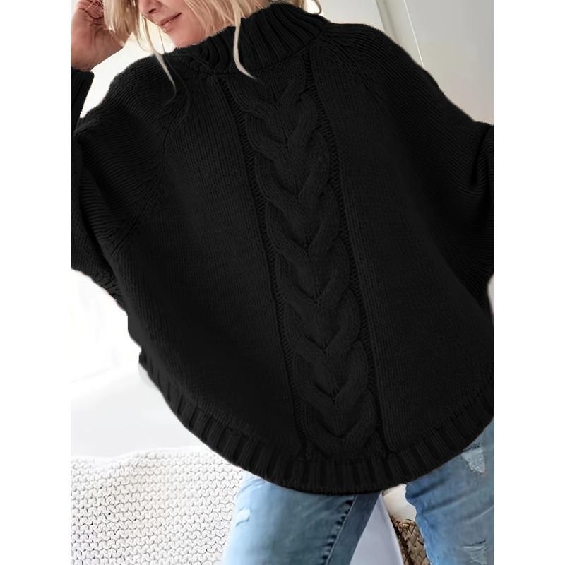 Женский винтажный черный свитер с косами, высоким воротом, свободного кроя, повседневный пуловер, винтажный свитер | Узор косы, платье-свитер