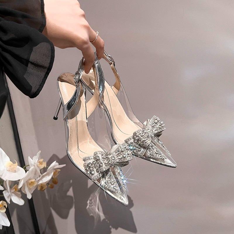 Мода Новый Стиль Элегантные Женские Туфли для Вечеринки Свадьбы Модные Хрустальные Туфли-Лодочки на Высоком Каблуке с Бабочкой Сексуальные с Острым Носком Прозрачные Туфли-Лодочки Босоножки Женские