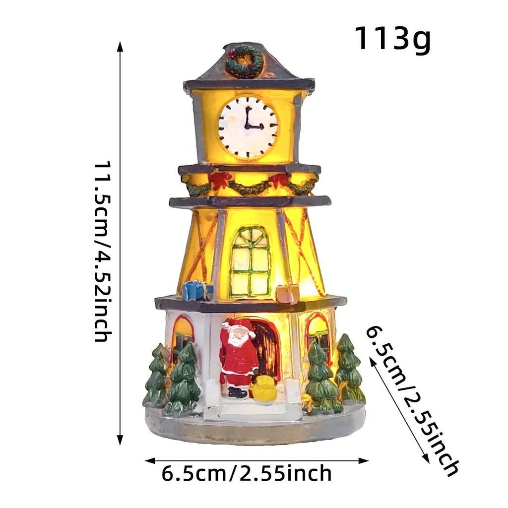 Christmas Village Bell Tower Figurine with LED Lights, Resin Xmas Holiday Sculpture Decoration and Gift