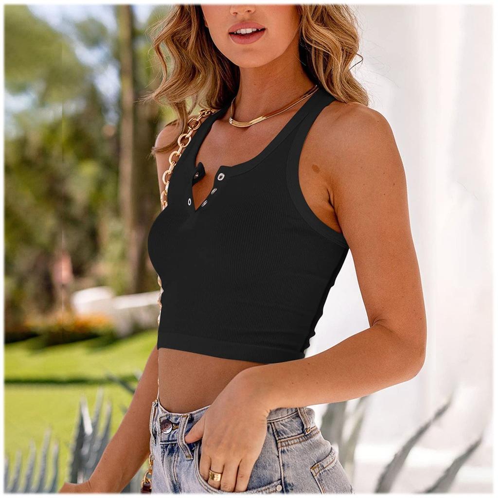 Women's Fashion Casual Solid Color Crewneck Button Sleeveless Crop Sexy I-top Vest