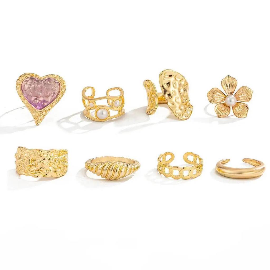 Ingemark 8Pcs/Set Exquisite Luxury Imitation Pearl Open Rings Women Pink Acrylic Rhinestone Heart Ring Couple Jewelry Gifts New