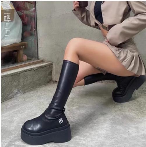 Ботинки Женские Весенне-летние Новые Круглый Носок Толстая Подошва Эластичные Узкие Миллениум Спайс Герлз Высокие Ботинки