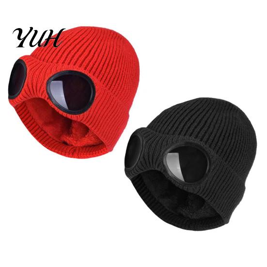 Functional Headgear for Skiing And Sledding 2Pcs Fleece Lined Hats with Goggles, Warm Winter Knit Wind Resistant Fishing Hat Visor Hats, Windproof
