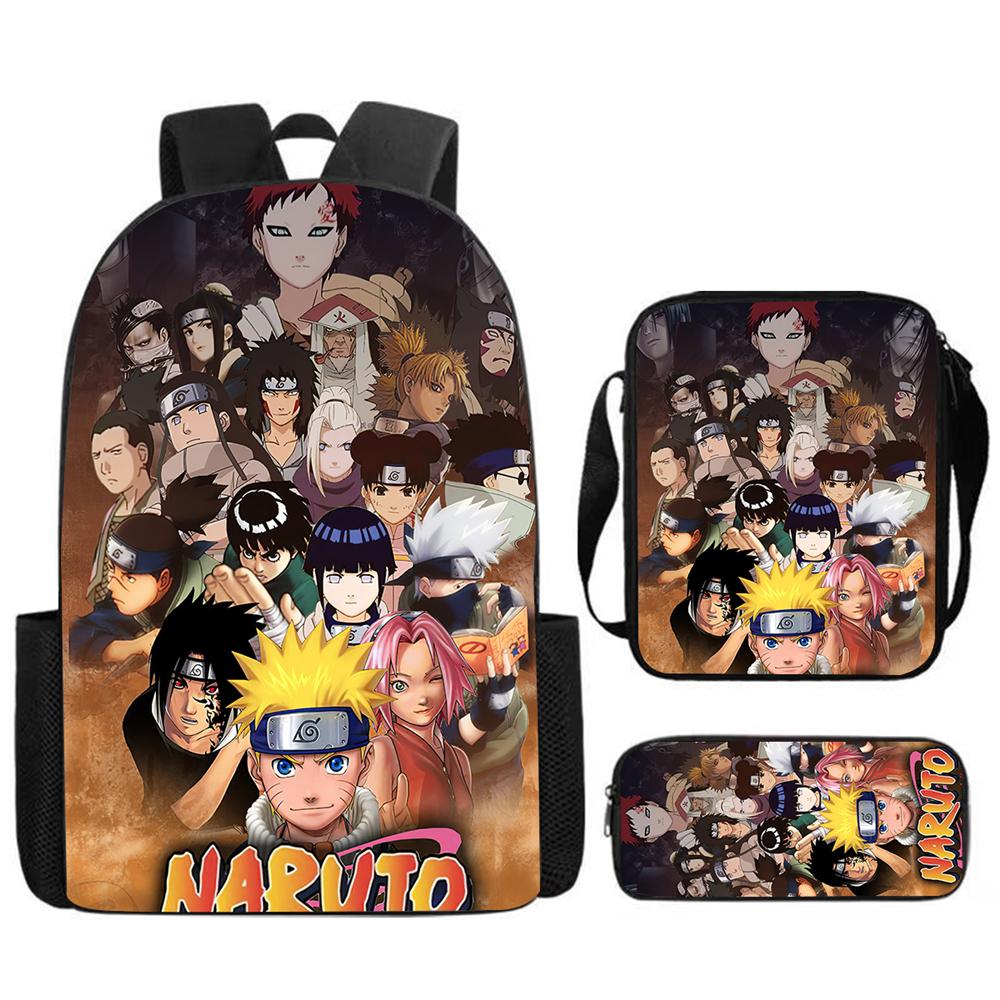 Набор из 3 предметов Рюкзак NARUTO для детей с сумкой через плечо и пеналом Легкий и прочный, Мультяшные школьные сумки для детей от 5 до 10 лет Мальчиков и Девочек