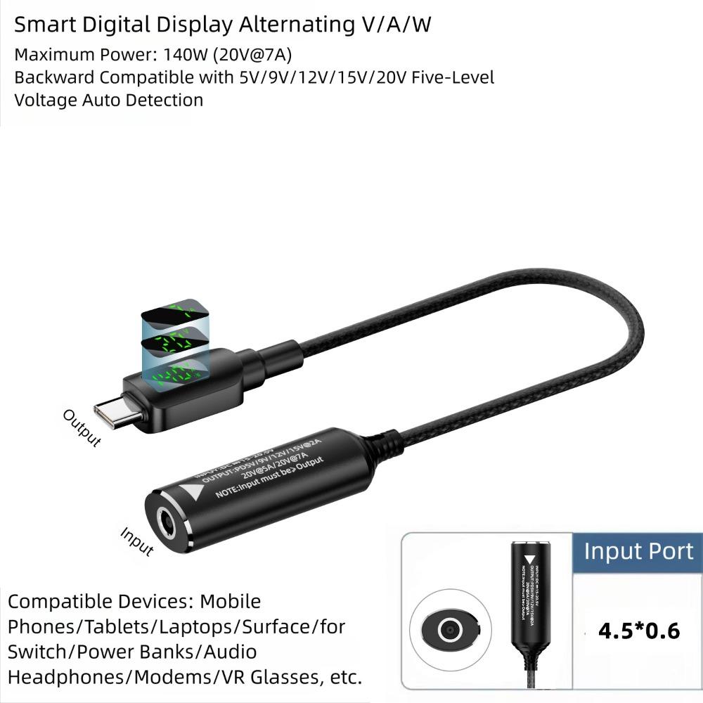 Цифровой дисплей DC в Type-C Конвертер USB-C Выход PD 140 Вт Зарядный кабель Адаптер 5 В 9 В 15 В 20 В Вход Интеллектуальный
