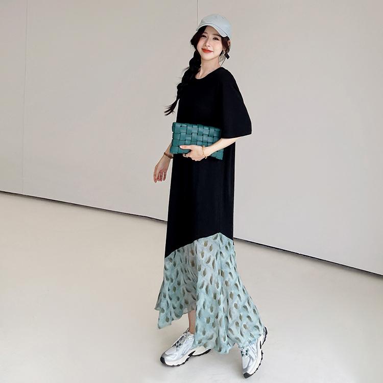 DIMANAF 2025 Летнее платье больших размеров Женское Повседневное комбинированное Цветочное Винтажное Длинное платье Базовое С коротким рукавом Свободное платье Макси