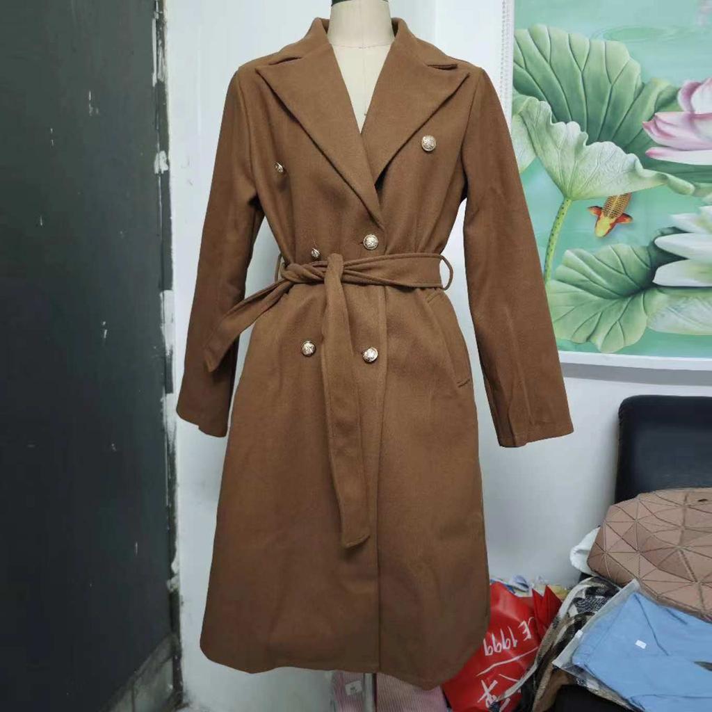 Женское однотонное пальто средней длины с лацканами, модное однотонное двубортное шерстяное пальто с кружевом