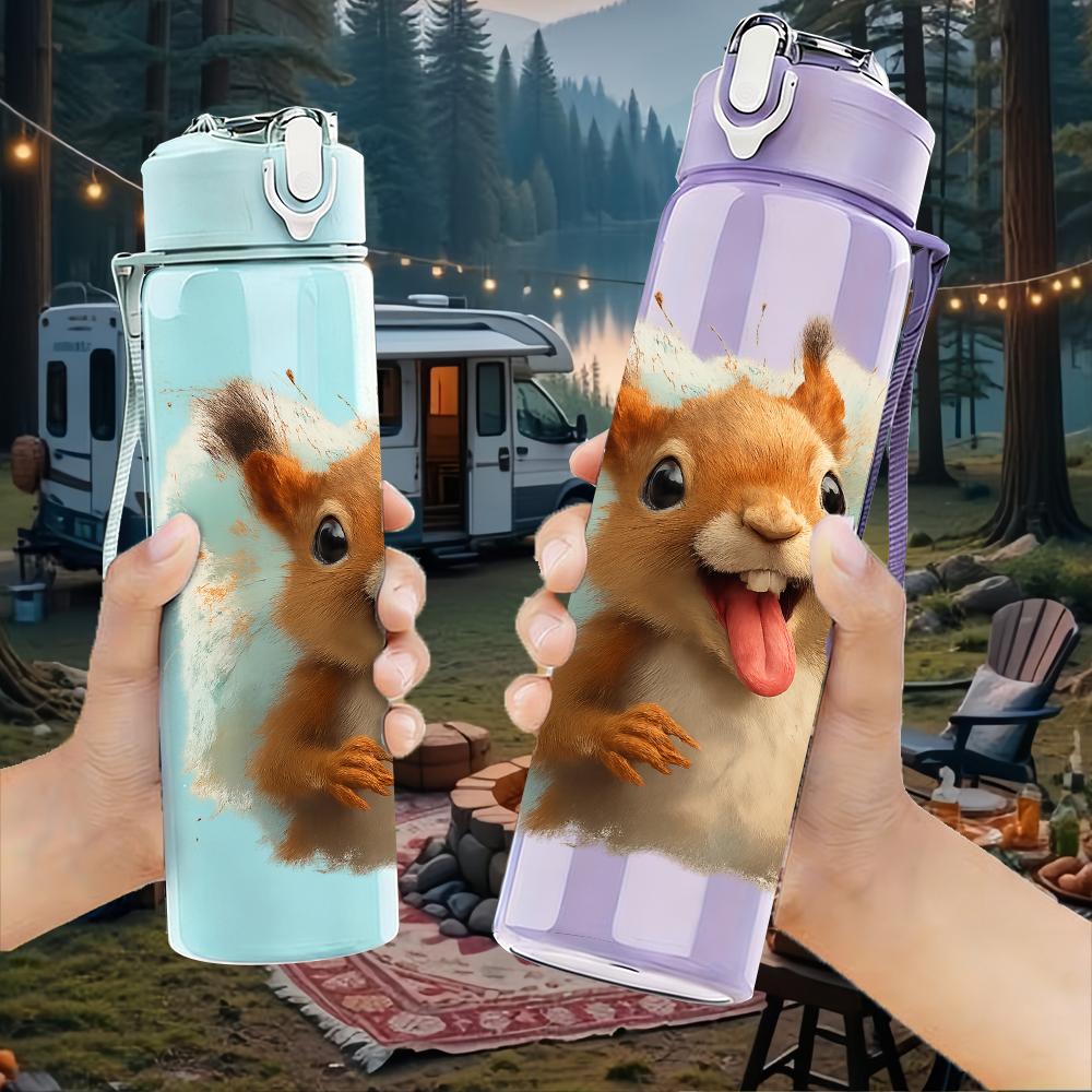 1PC Cheerful Squirrel Cartoon 750ml Color Plastic Sports Water Bottle Leakproof Flip Straw Lid For Sports Office Home Use