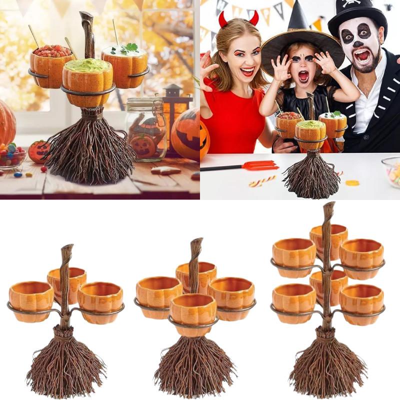 Pumpkin Halloween Snack Bowl Stand Broom Candy Holder Party Serving Fruit Salad
