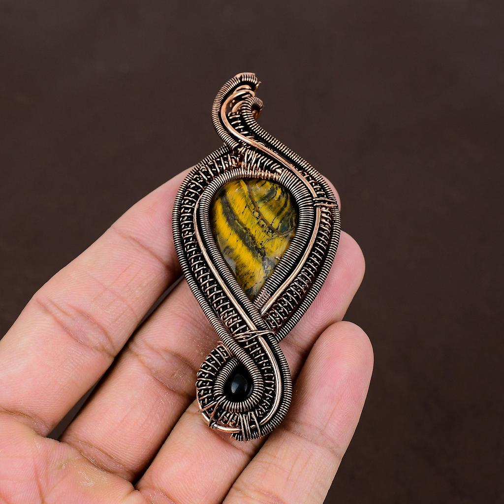 Подвеска ручной работы из медной проволоки, натуральный тигровый глаз, черный оникс, 3,35 дюйма h5g76