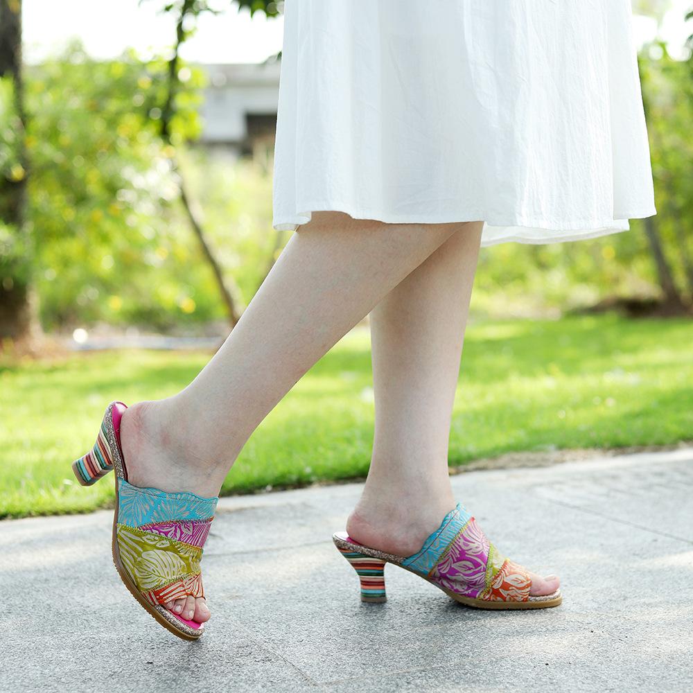 Johnature Наружные тапочки из натуральной кожи. Удобные шлепанцы в тон ретро с ручной росписью на высоком каблуке.