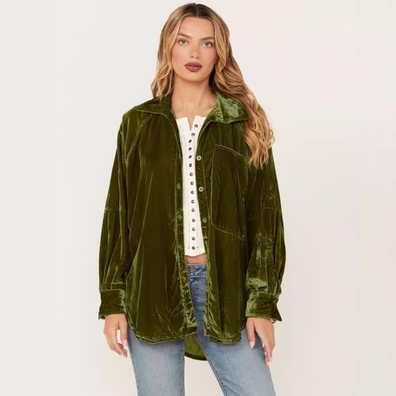 Воротник Золото Бархатная рубашка Пальто Однотонная женская свободная рубашка большого размера с длинными рукавами