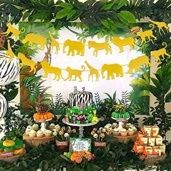 Jungle Safari Animal Banner Gold Glitter Zoo Garland Baby Shower Child Kids Boy Girl Birthday Party Supplies Decorations PRE Strung 2 PCS