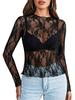 2024 European & American Style Lace Floral See-Through Long-Sleeve Women's Top