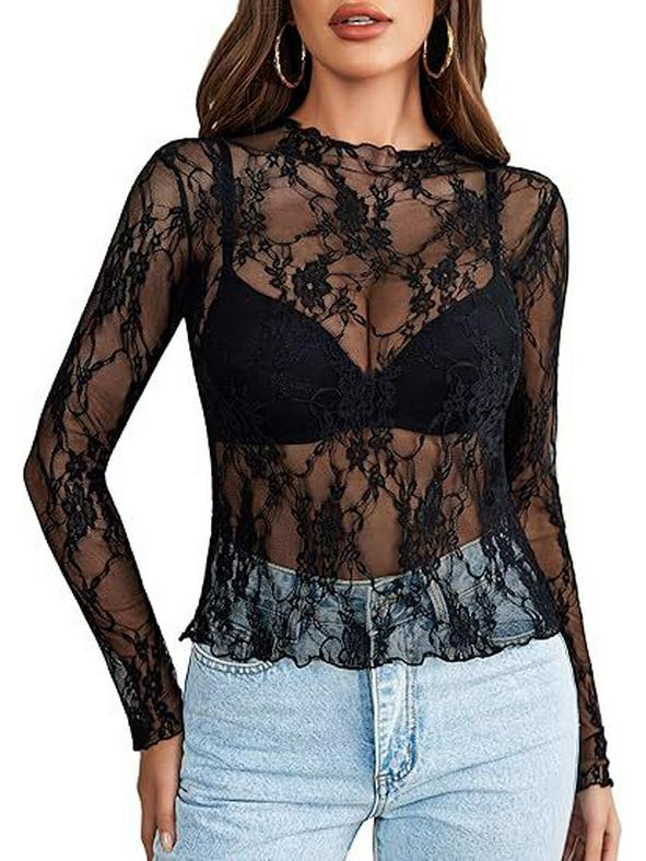 2024 European & American Style Lace Floral See-Through Long-Sleeve Women's Top