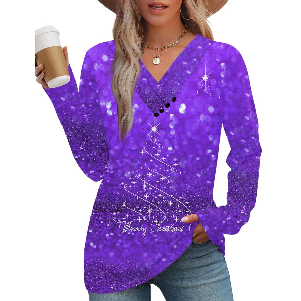 Women's Fashion Casual V-neck Pleated Christmas Long Sleeve Top