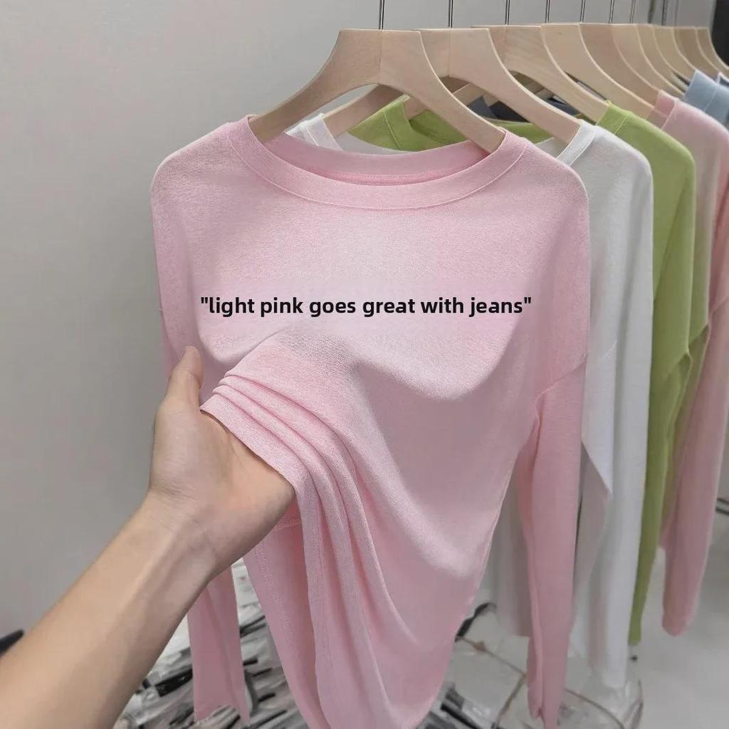 Women's Summer Ice Silk Gauze Sunscreen Blouse, Thin Airy Long-Sleeve Pink T-Shirt