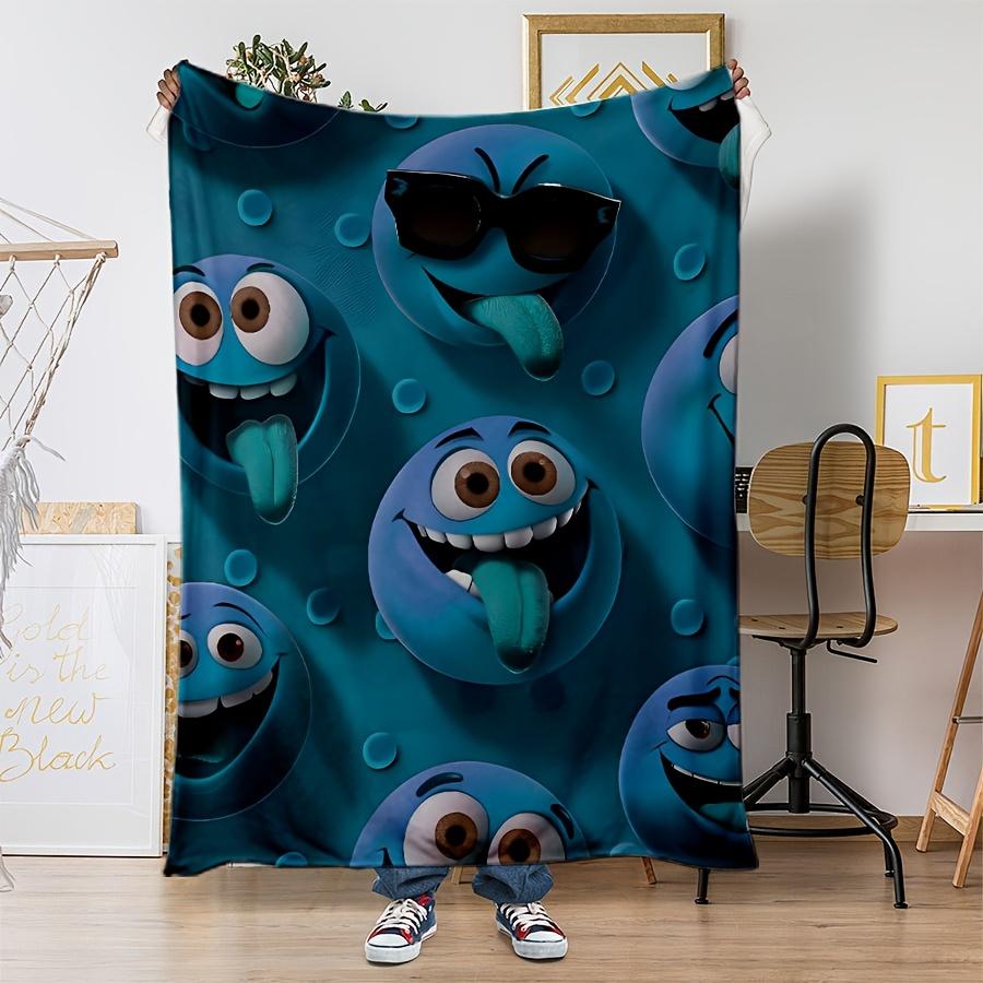 Blue Funny Expression Flannel Printed Blanket Suitable for All Seasons Suitable for Living Room Office Sofa and Travel 180x250CM