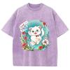 Cartoon Cute Kitten Print Women's T-Shirt Y2K Oversized Crew Neck Short Sleeve Wash Unisex  Fairy Style Top