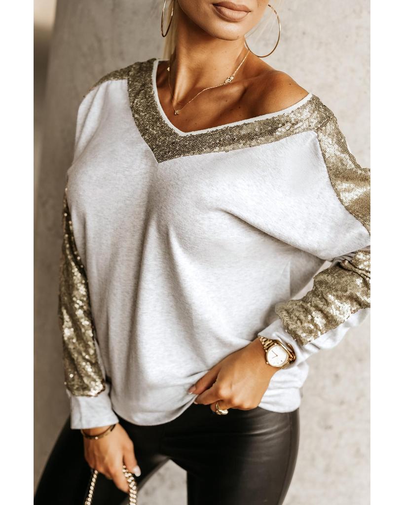 Azura Exchange Топ с V-образным вырезом и длинными рукавами в стиле пэчворк с пайетками