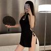 Cosplay Lingerie Chinese Style Solid Color Backless Black Cheongsam Dress with Hollow Slit Sexy Exotic Costume