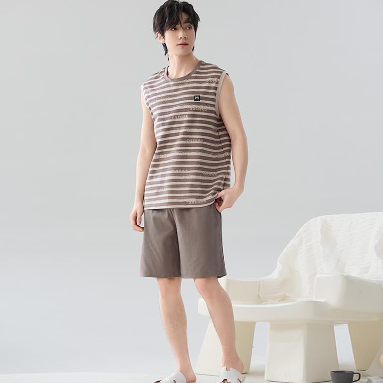 2025 летняя мужская пижама в полоску из чистого хлопка для отдыха с эластичным поясом для мальчиков, майки и шорты, мягкая пижама, домашняя одежда