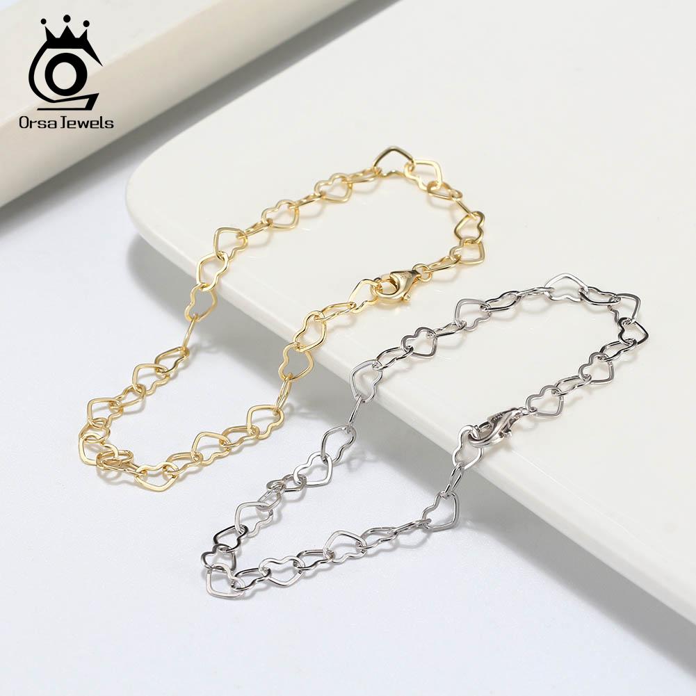 ORSA JEWELS 925 Silver Elegant Heart Link Chain Bracelet For Women Girl 6.5/7/7.5/8 Inch OL Bracelet Jewelry SB99