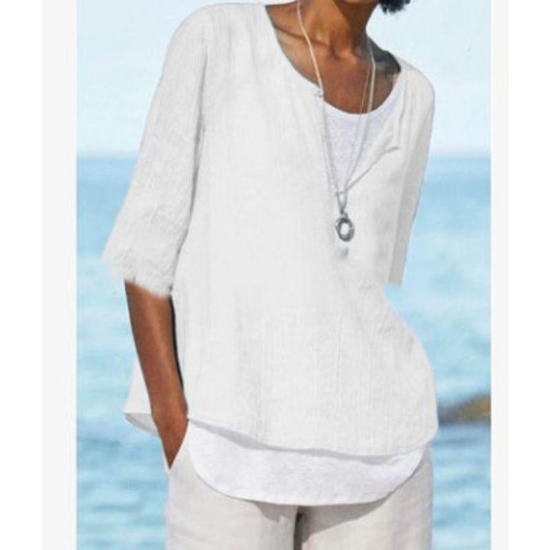 DAFIFY Женские модные повседневные летние весенние однотонные блузки и рубашки с круглым вырезом и рукавами 1/2 с принтом