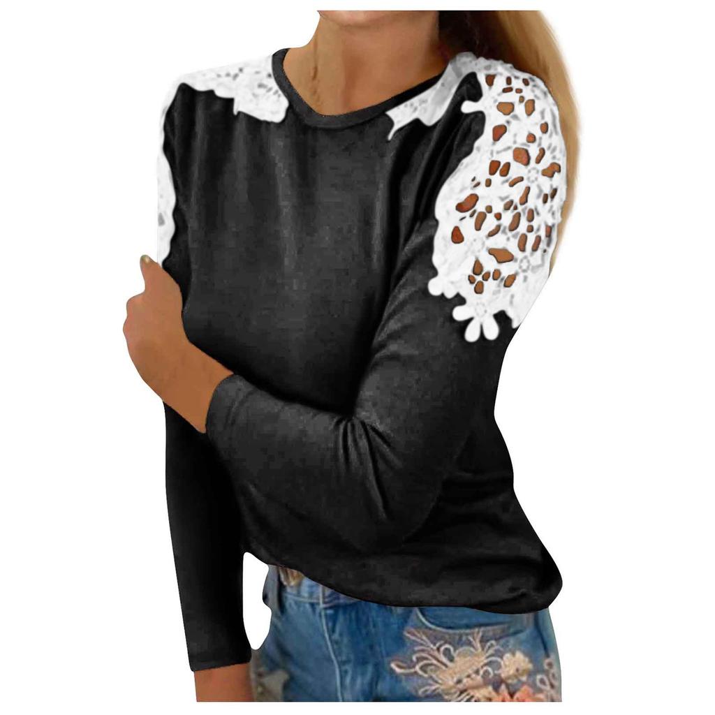 Женская модная однотонная лоскутная кружевная футболка с круглым вырезом и длинными рукавами, топ