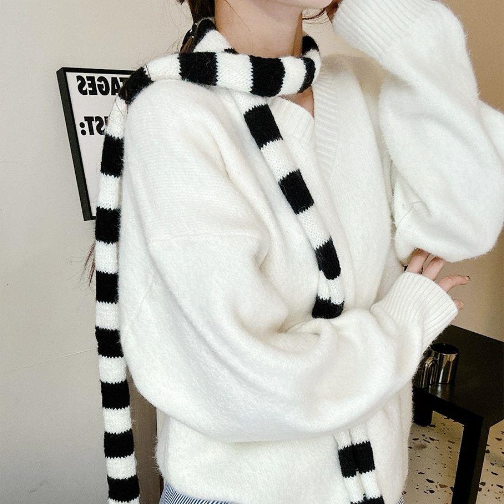 Полосатый шарф Длинный шарф-галстук Женские хлопковые шарфы Тонкий и узкий шарф Харадзюку Полосатые вязаные шарфы Женская грелка для шеи Новый