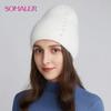 Winter Angora Wool Knit Hats for Women Rabbit Fur Skull Cap with Decoration Outdoor Ski Hat