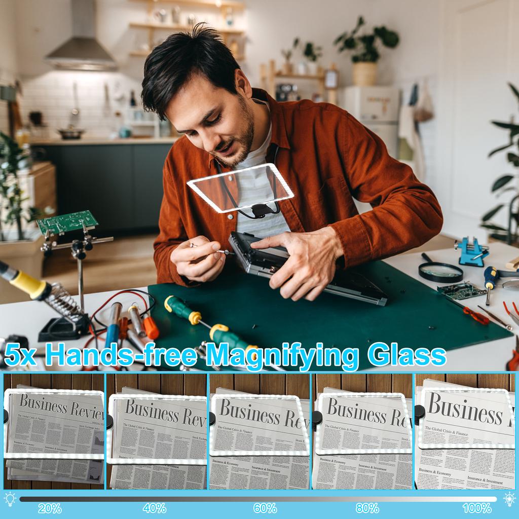 5X Full Page Magnifier Neck Mounted Hands Free Dimmable LED for Books Maps Newspaper Painting Repair