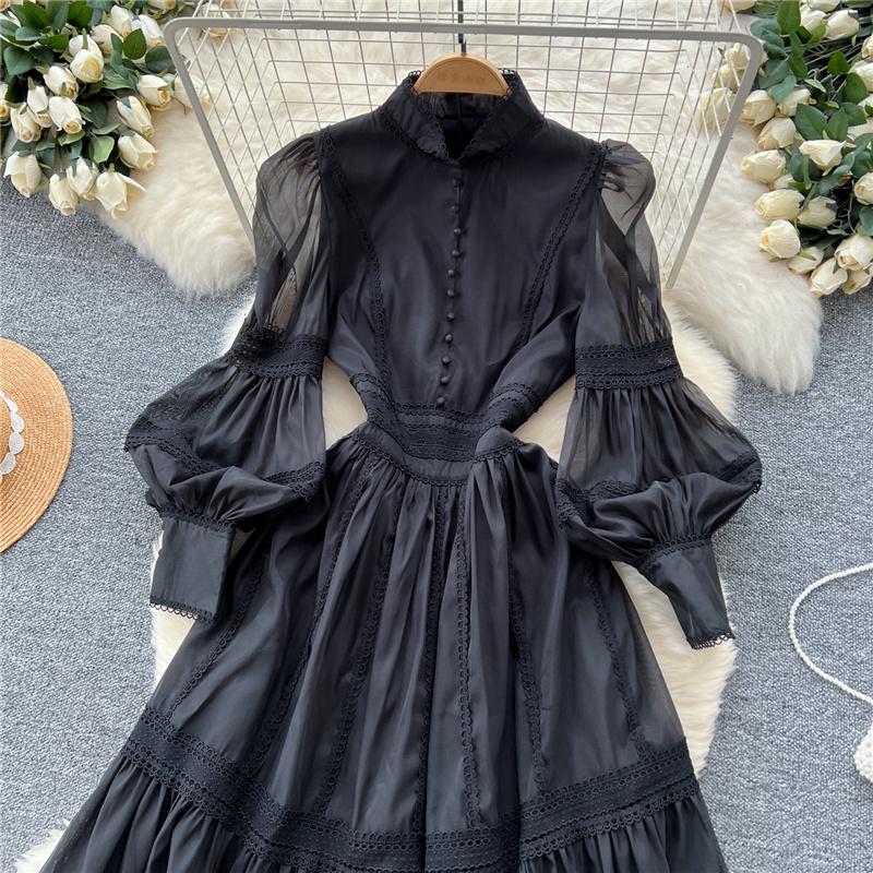 New Heavy Craft Lace Embroidery Hollow Out Party Evening Long Dress Women's Stand High Waist Lantern Sleeve Dresses Holiday