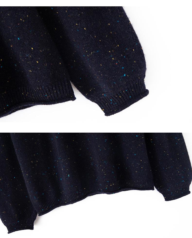 Women's Round Neck Cashmere Sweater - Rolled Hem, Marled Dot Yarn, Warm Knit for Autumn/Winter