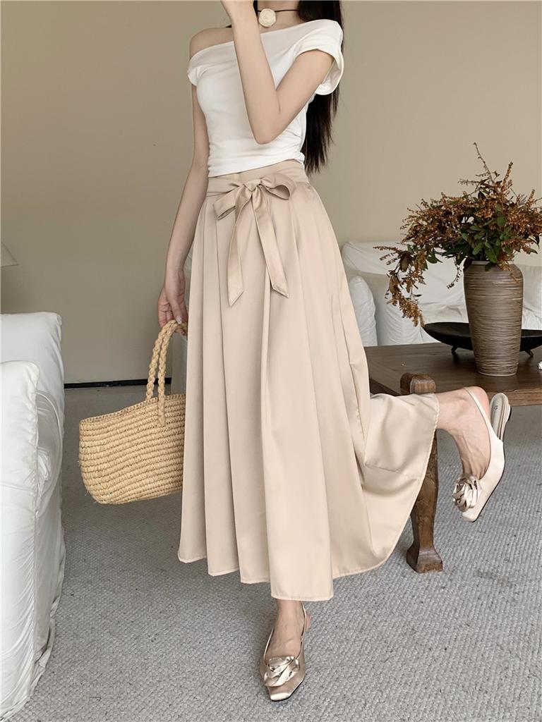 DX~~New Design Feeling Bow Tie Satin Pleated Skirt, Spring and Summer High Waisted Slim A-line Skirt