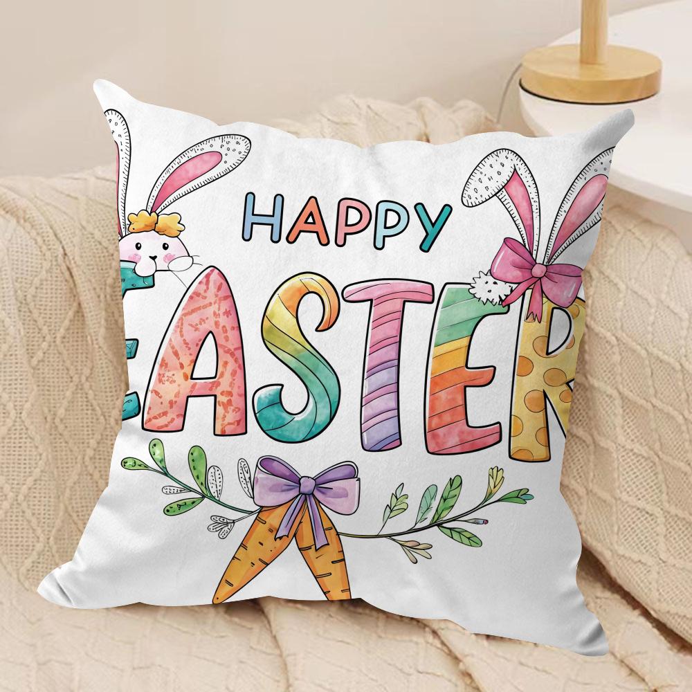 Easter cartoon eggs Cushion Cover Silky Short Plush Invisible Zipper Dustproof Sofa Pillow Case for Home Decor
