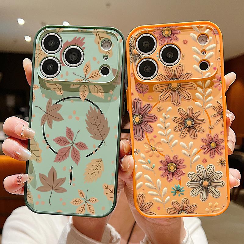 Чехол с узором из цветов и листьев для iPhone 17 Pro Max Funda iPhone 16 15 14 13 Pro Max Магнитный Для Magsafe Гибридный Тонкий Матовый Чехол