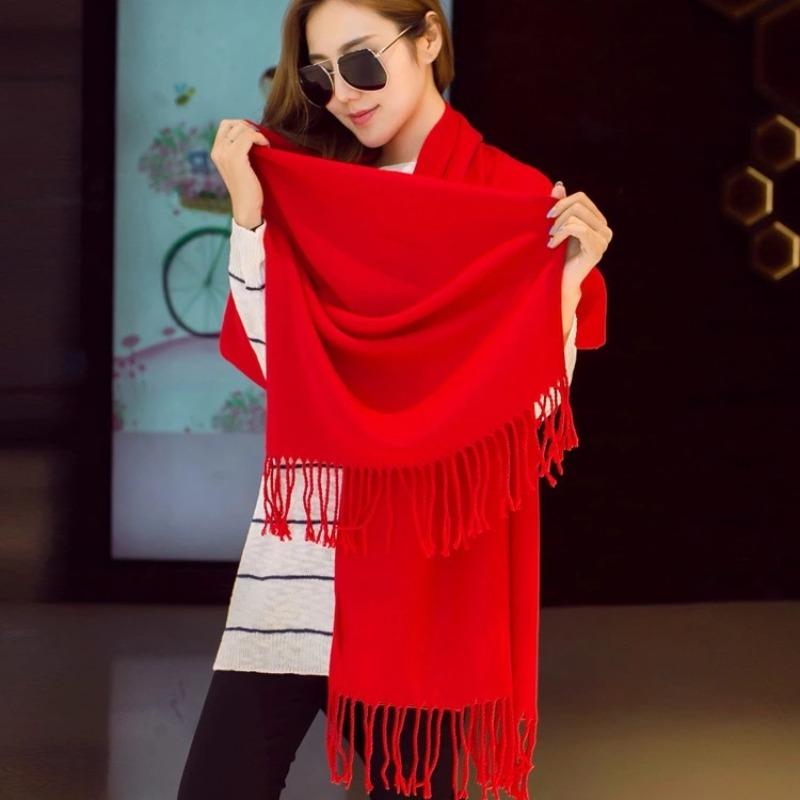 Imitation Cashmere Club Gift Print Lgo Embroidery Solid Color Double-sided Velvet Big Red Scarf Women's Shawl Fashion