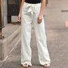 Women Polyester Cotton Pants Autumn Casual Solid Elastic Waist Straight Trousers Loose Long Pants Wide Leg Trousers