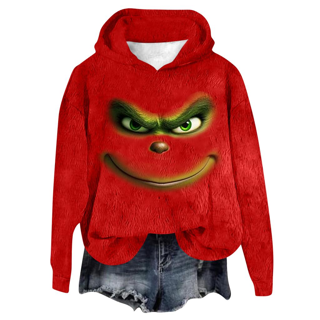 Women's Hooded Long Sleeve Christmas Printed Flannel Top Hooded Sweatshirt