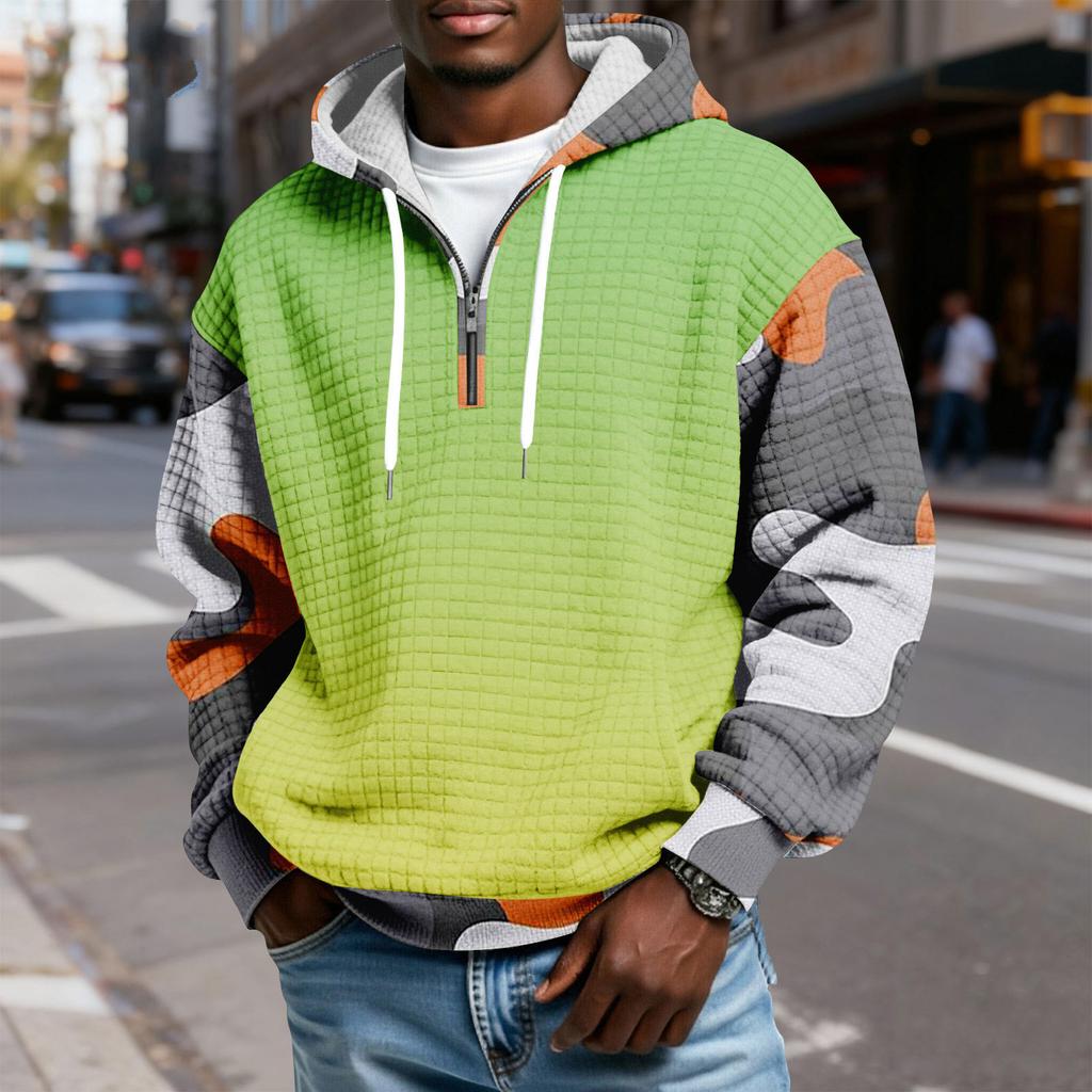 Мужской худи-пуловер в клетку с капюшоном на молнии до середины, со шнурком и принтом, повседневная спортивная толстовка