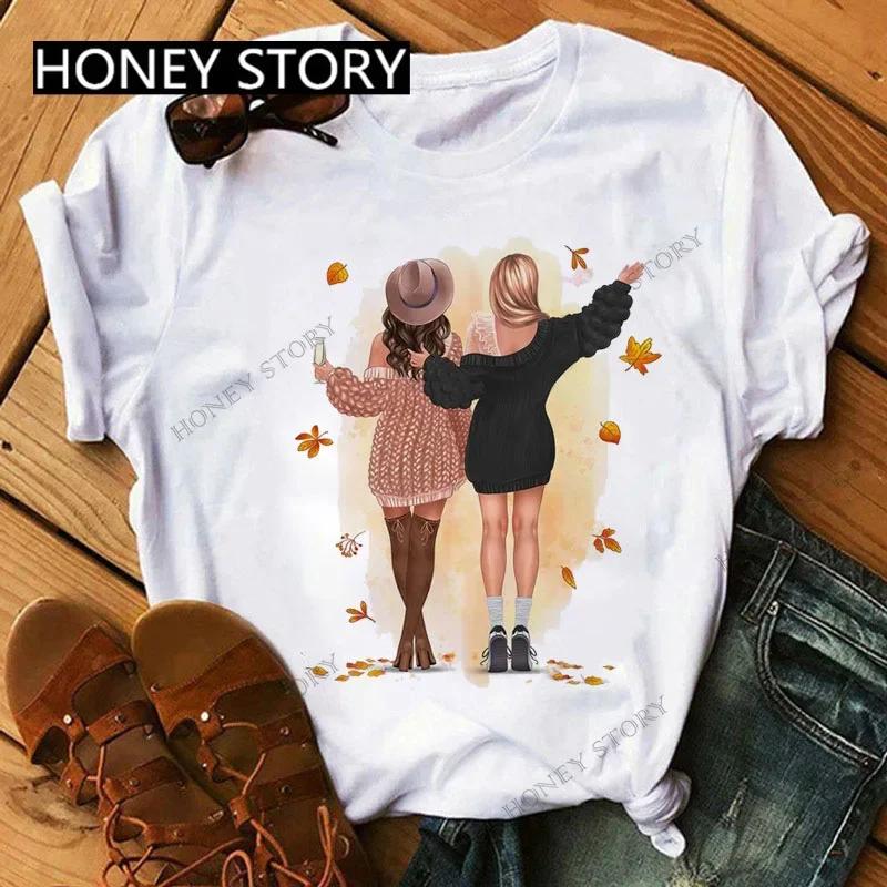Summer Fashion Best Friends T-Shirt Short Sleeve Graphic Tees for Ladies Good Friend Bestie Sister Outfit Polyester Fabric
