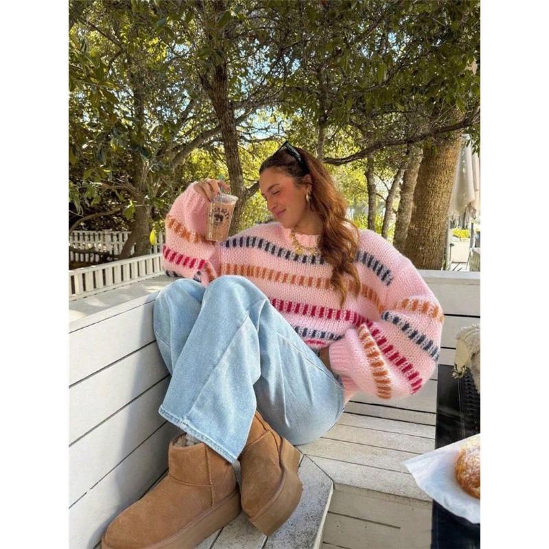 Women S Vintage Color Block Knitted Oversized Batwing Sleeve Sweater