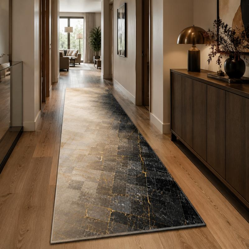 Grey Gold Marble Ink Wash Runner Rug Non Slip Washable Long Floor Mat for Hallway Entryway Modern Luxury Home Decor