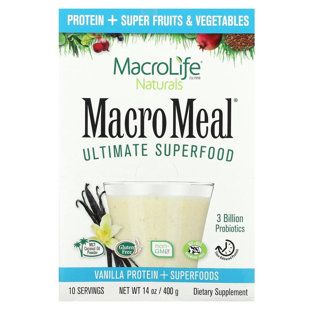 Macrolife Naturals Macro Meal Ultimate Superfood, Vanilla Protein + Superfood, 10 Packets, 1.4 Oz (40 G) Each