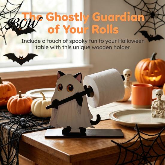 Autumn Themed Table Centerpiece Halloween Wooden Napkin Holder, Ghost Pumpkin Tabletop Decor for Kitchen Dining Room, Functional Holiday Gadget Spooky