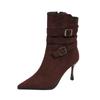 2025 New Autumn and Winter Suede Pointed Thin Heel Martin Boots Women's High Heel Side Zipper Belt Buckle Retro Fashion Short Boots