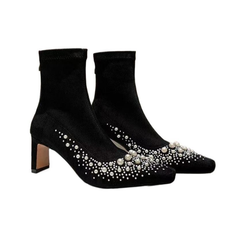 Beaded Suede Women Ankle Snow Boots Luxury Square Toe High Heels Shoes Brand New Winter 2025 Trend Designer Pumps Botas Mujer