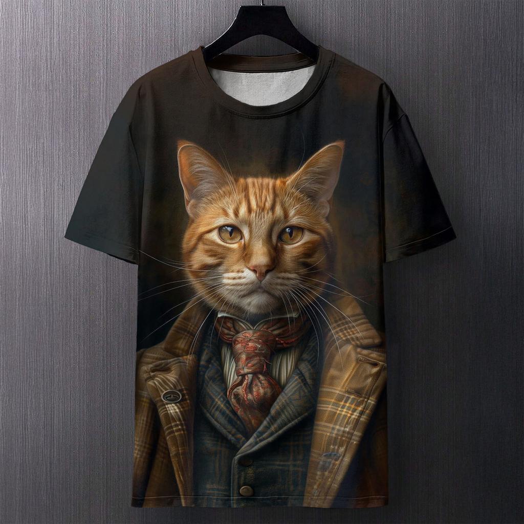 Fun Cat Pattern Printed T-shirt Summer Casual Loose Round Neck Short Sleeved Men's T-shirts