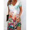 Summer Fashion Women's V Neck Short Sleeve Beautiful Flowers Printed  Dress Sex Short Skirt Dresses